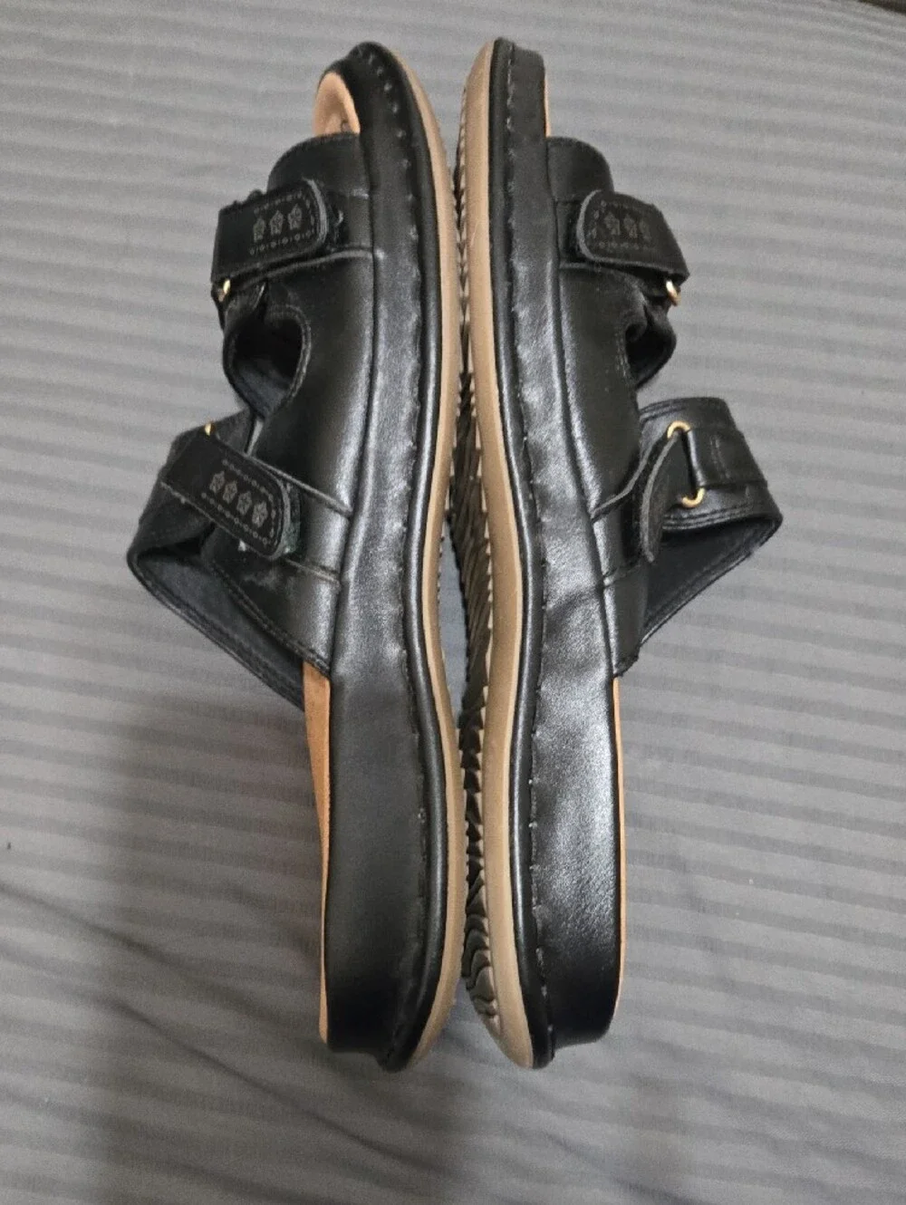 Black Double-Strap Slide Sandals with Cushioned Tan Footbed